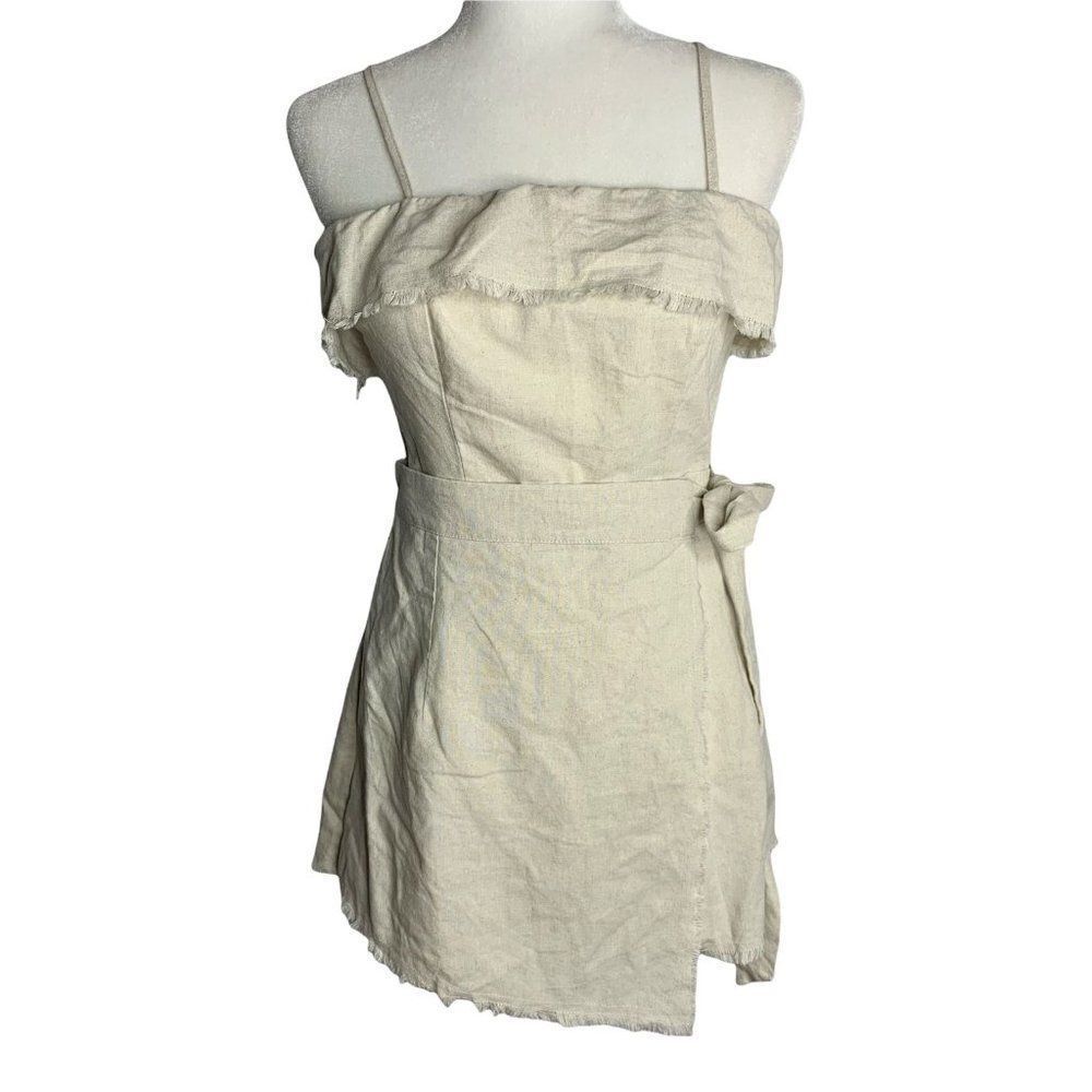 Princess Polly Linen Rally Romper 2 Beige Adjustable Straps Faux Wrap Tie Waist